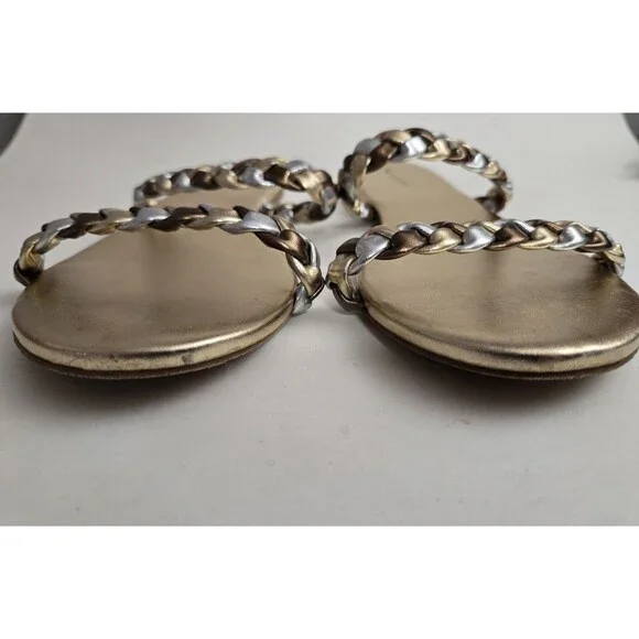 Tahari Size 8 Metallic Gold Slide Sandals Braided Gold Silver Strap Flat Slip on - Picture 3 of 7